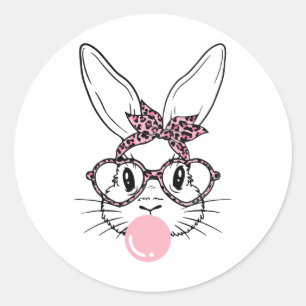 Bunny Face Leopard Gles Bubblegum Easter Day Girl  Classic Round Sticker