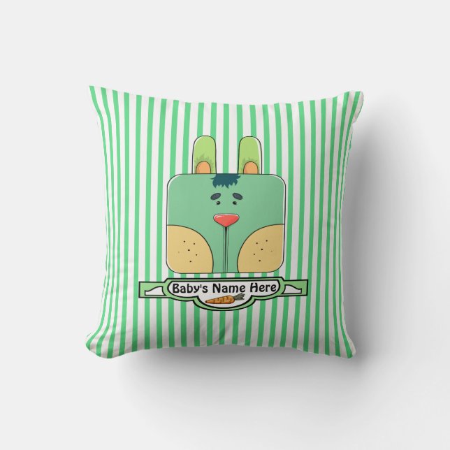 Bunny Face on Stripes - Green (Personalised) Cushion (Front)