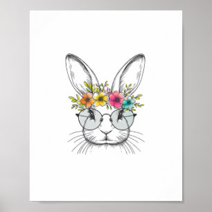 Bunny Face With Cute Easter Rabbit Floral Glasses Poster