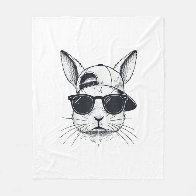 Bunny Face with Sunglasses Cap Easter Day for Boys Fleece Blanket (Front)