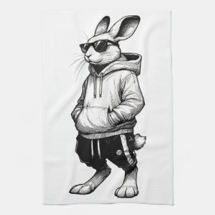 Bunny Face With Sunglasses Happy Easter Day Tea Towel