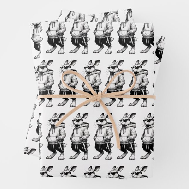 Bunny Face With Sunglasses Happy Easter Day Wrapping Paper Sheet (In situ)