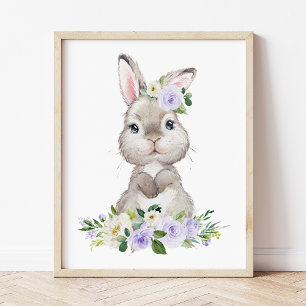 Bunny, Farm Animals, Lilac Flowers, Gender Neutral Photo Print