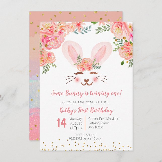 Bunny first birthday invitation girls floral (Front/Back)