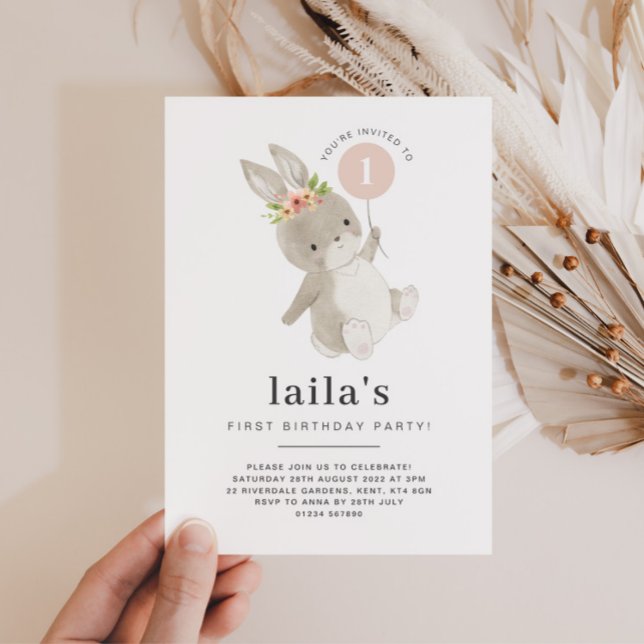 Bunny First Birthday Invitation Pink Balloon (Creator Uploaded)