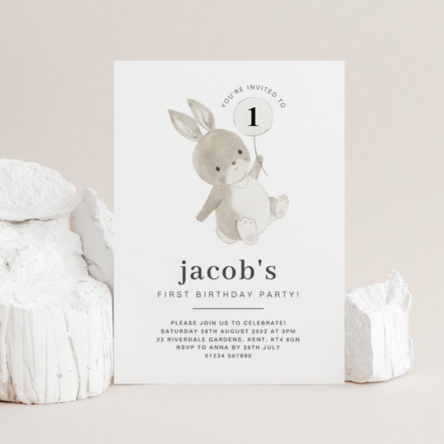 Bunny First Birthday Invitation White Balloon (Creator Uploaded)