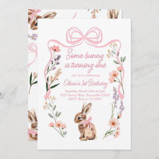 Bunny first birthday invitation wildflowers bow