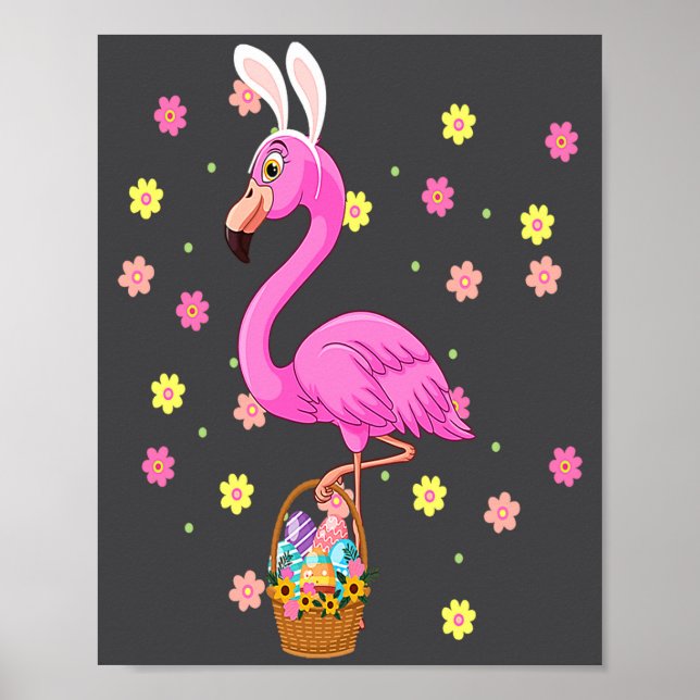 Bunny Flamingo Bringing Eggs Basket Happy Easter D Poster (Front)