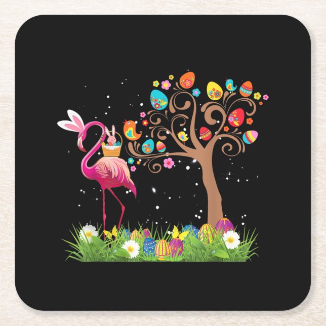 Bunny Flamingo Easter 2021 | Cute Flamingo Lovers Square Paper Coaster (Front)