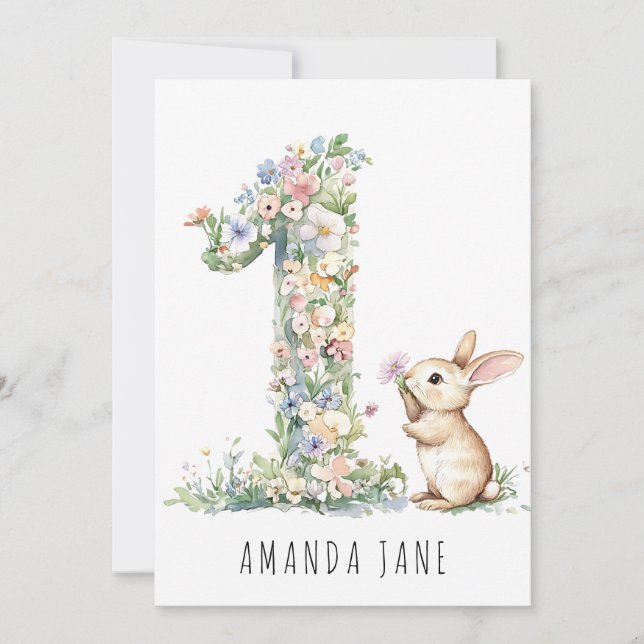 Bunny Floral 1st Birthday Invitation (Front)