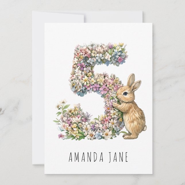 Bunny Floral 5th Birthday Invitation (Front)