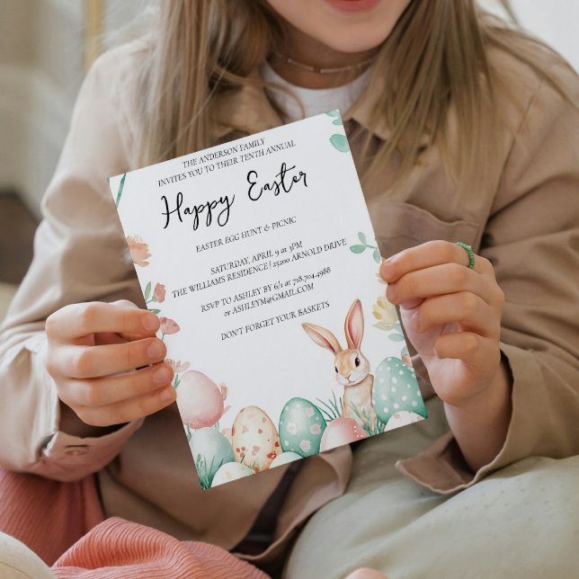 Bunny Floral and eggs white happy Easter   Invitation (Creator Uploaded)