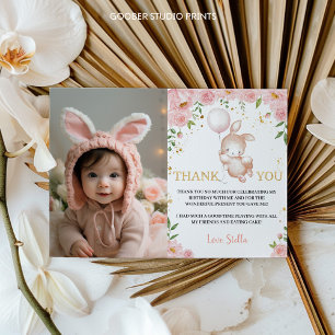 Bunny Floral Balloon Birthday Photo Thank You Card