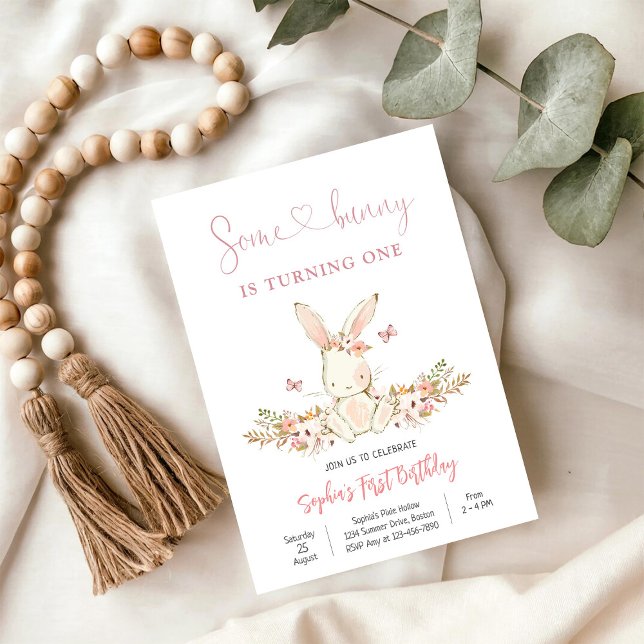Bunny Floral First Birthday Invitation (Creator Uploaded)