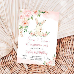 Bunny Floral First Birthday Invitation