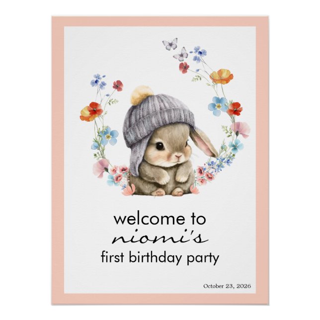 Bunny Floral First Birthday Welcome Sign (Front)