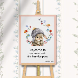 Bunny Floral First Birthday Welcome Sign