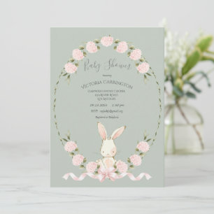 Bunny Floral Hydrangeas Sage Girl Baby Shower Invitation