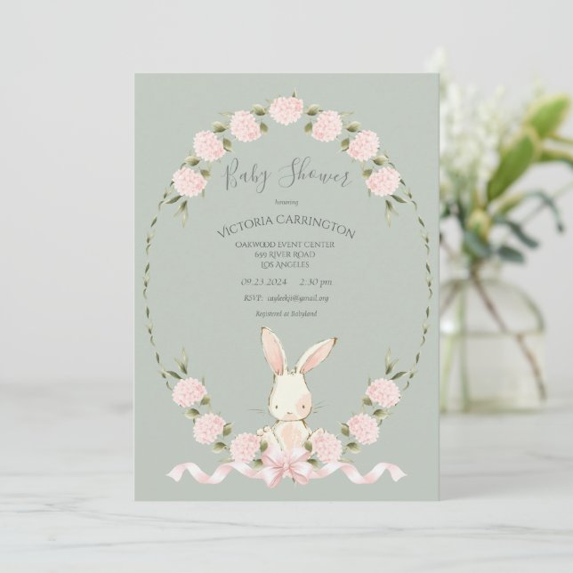 Bunny Floral Hydrangeas Sage Girl Baby Shower Invitation (Standing Front)
