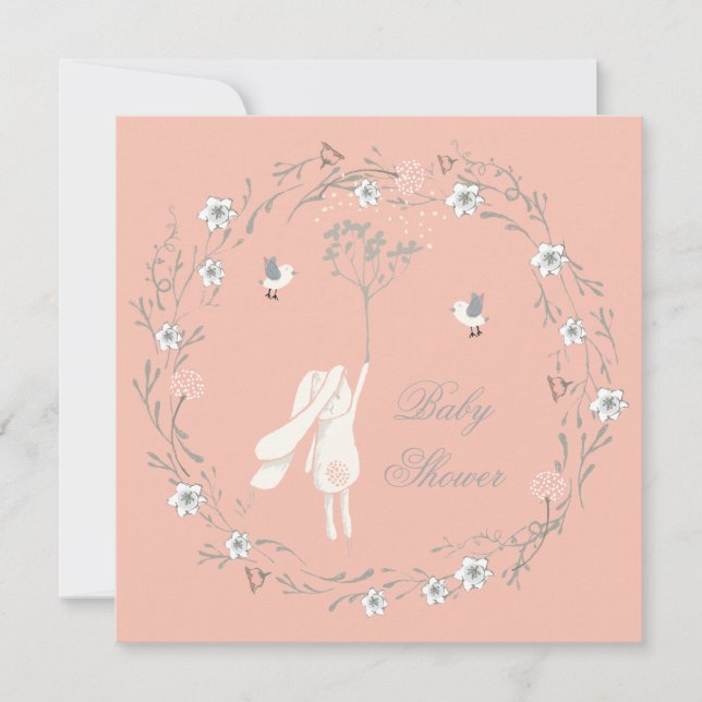 Bunny Floral Wreath Dandelions Baby Shower Invitation (Front)