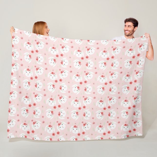 Bunny Flower Crown Pink Fleece Blanket (In Situ)