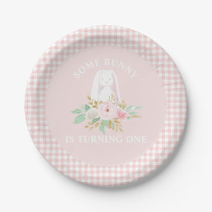 Bunny Flowers and Pink Gingham Birthday Paper Plate