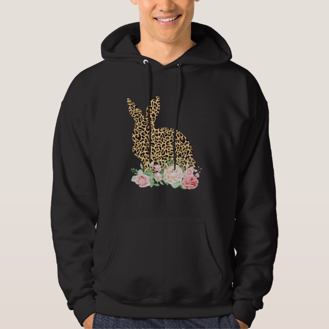 Bunny Flowers Leopard Print Girls Women Happy East Hoodie (Front)