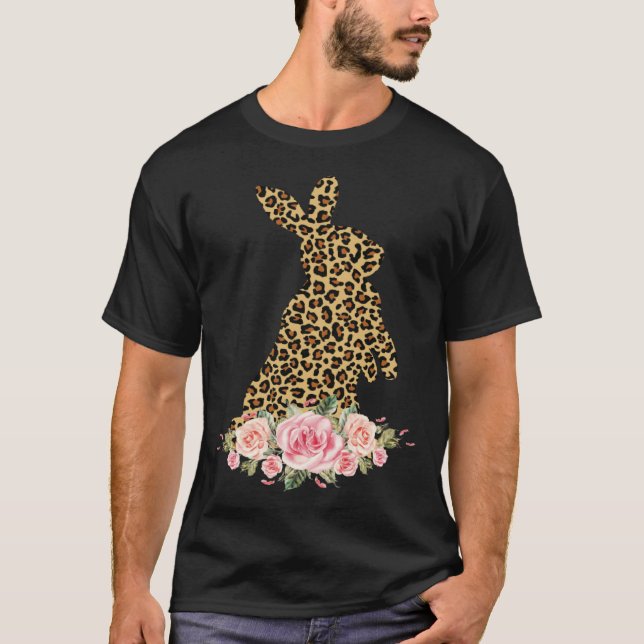 Bunny Flowers Leopard Print Girls Women Happy East T-Shirt (Front)