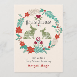Bunny Folk Art Wreath Winter Neutral Baby Shower Invitation