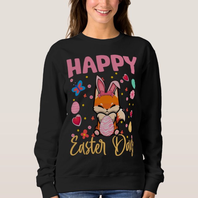 Bunny Fox Colorful Eggs Hunting Happy Easter Day Sweatshirt (Front)