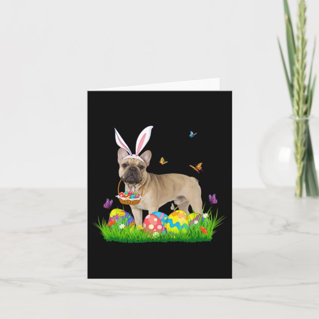 Bunny French Bulldog With Egg Basket Easter Huntin Card (Front)
