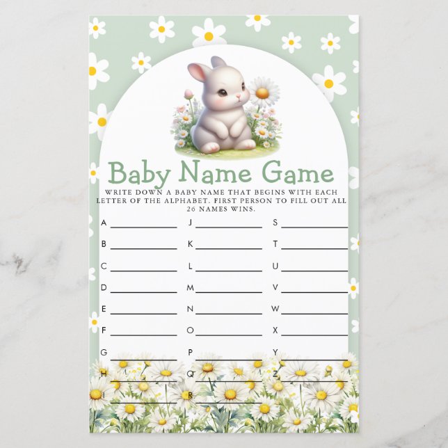 Bunny Gender Neutral Baby Shower Name Game (Front)