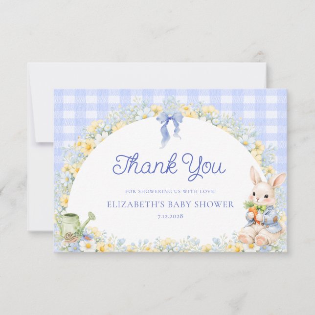 Bunny Gingham Blue Baby Shower Thank You  Card (Front)