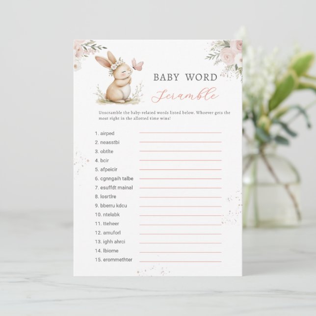 Bunny Girl Baby Shower  Word Scramble Game Card (Standing Front)