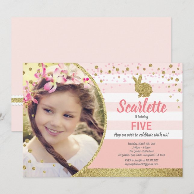 Bunny girl birthday photo invitation pink gold (Front/Back)