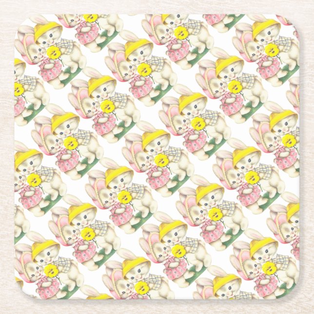 Bunny Girl + Boy Square Paper Coaster (Front)