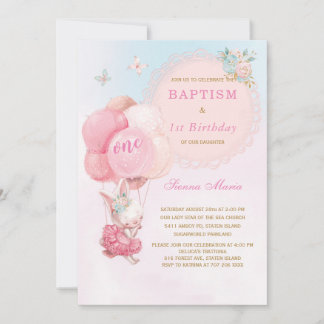 Bunny Girl First Birthday and Baptism Invitation