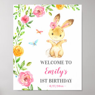 Bunny Girl First Birthday Colourful Animal Welcome Poster