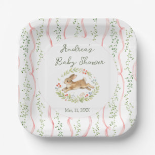 Bunny Girl Floral Pink Bow Baby Shower Paper Plate