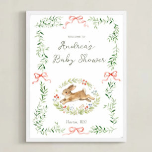 Bunny Girl Floral Pink Bow Baby Shower Welcome Poster