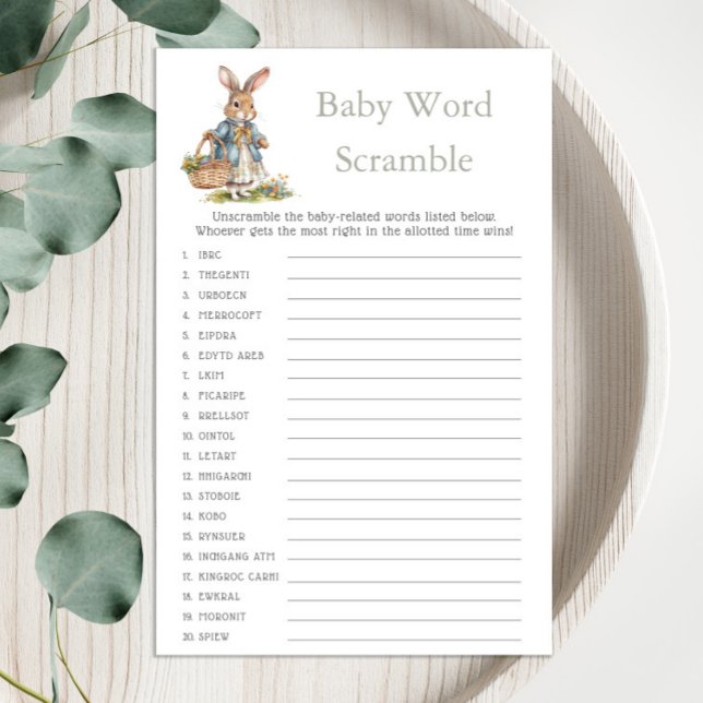 Bunny Girl Greenery Baby Shower Baby Word Scramble (Creator Uploaded)