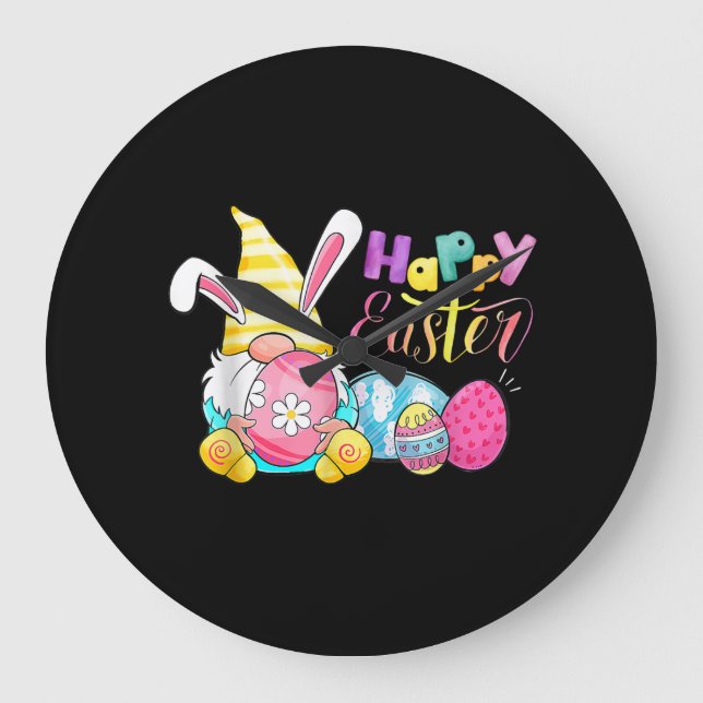 Bunny Gnome Rabbit Eggs Hunting Happy Easter Day Large Clock (Front)