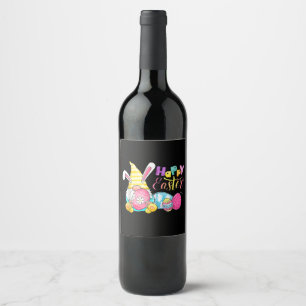 Bunny Gnome Rabbit Eggs Hunting Happy Easter Day Wine Label