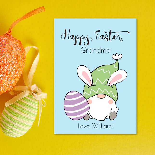 Bunny Gnome With Easter Egg Happy Easter Script Holiday Card (Creator Uploaded)