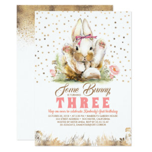 Bunny Gold Glitters Pink Floral Birthday Invitation