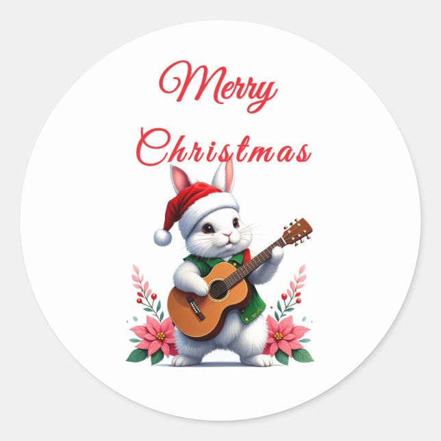 Bunny Guitar Merry Christmas Sticker (Front)