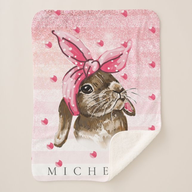 Bunny Hand painted glitter Personalised Sherpa Blanket (Front)
