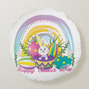 Bunny Happy Easter Day with Colors of the rainbow Round Cushion