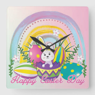 Bunny Happy Easter Day with Colours of the rainbow Square Wall Clock