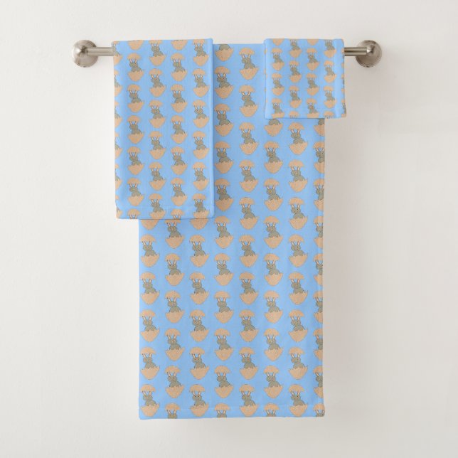 Bunny Hatching from Egg Weird Patterned Towels (Insitu)